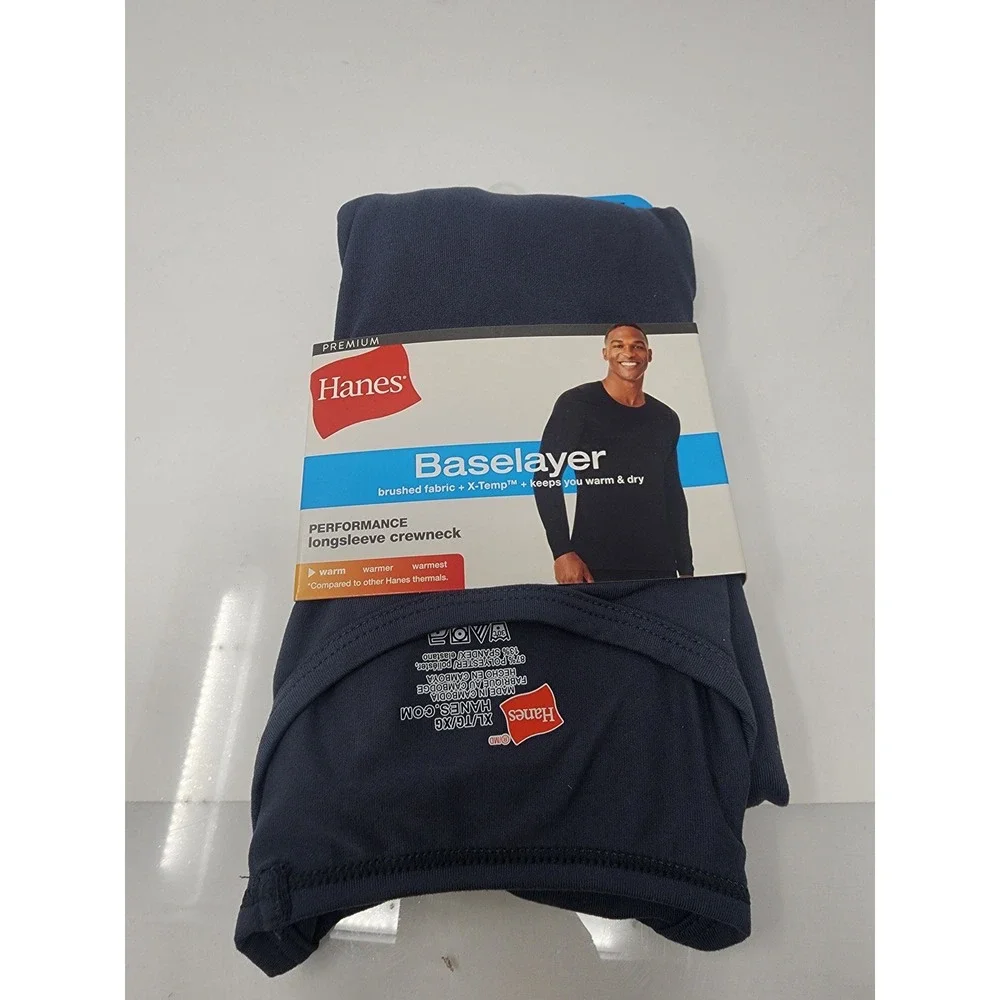 Hanes Mens Baselayer Crewneck Top Blue Polyester Blend Athletic Size XL